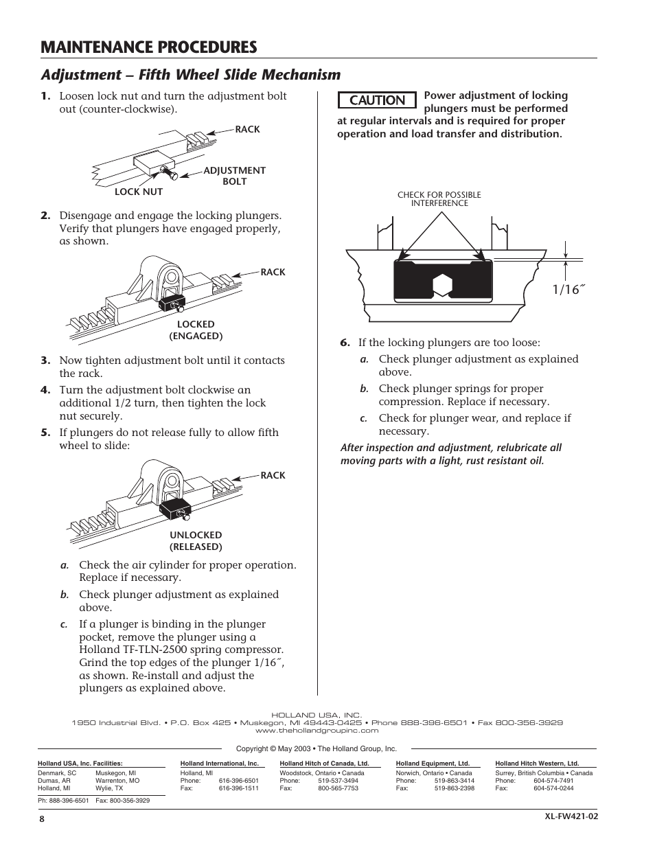 Maintenance procedures, Adjustment – fifth wheel slide mechanism | SAF-HOLLAND XL-FW421-02 XA-201-A-80-L Air Release User Manual | Page 8 / 8