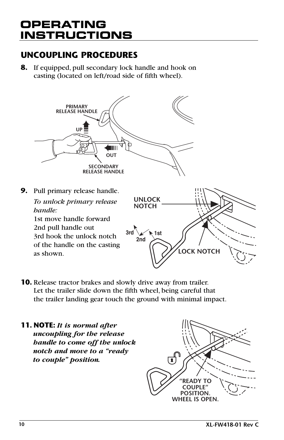 Operating instructions, Uncoupling procedures | SAF-HOLLAND XL-FW418-01 FW83 LowLube Fifth Wheel User Manual | Page 10 / 24