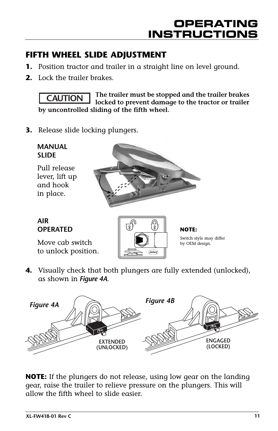 Operating instructions, Fifth wheel slide adjustment | SAF-HOLLAND XL-FW418-01 FW83 LowLube Fifth Wheel User Manual | Page 11 / 24