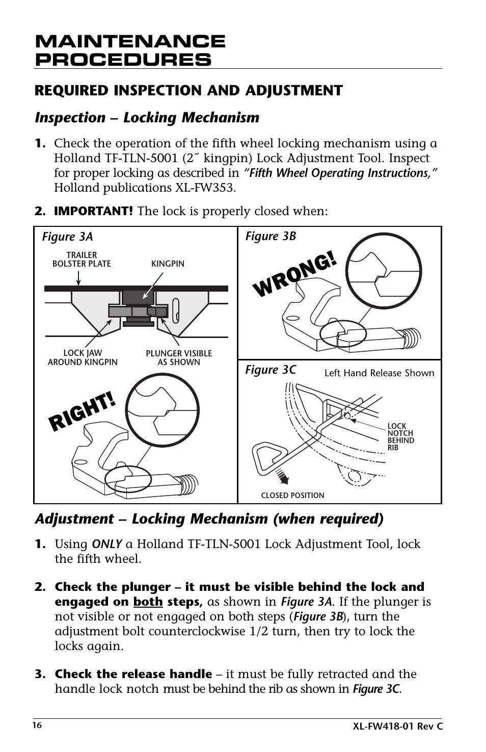 Right! wr on g, Maintenance procedures, Inspection – locking mechanism | Adjustment – locking mechanism (when required), Required inspection and adjustment | SAF-HOLLAND XL-FW418-01 FW83 LowLube Fifth Wheel User Manual | Page 16 / 24