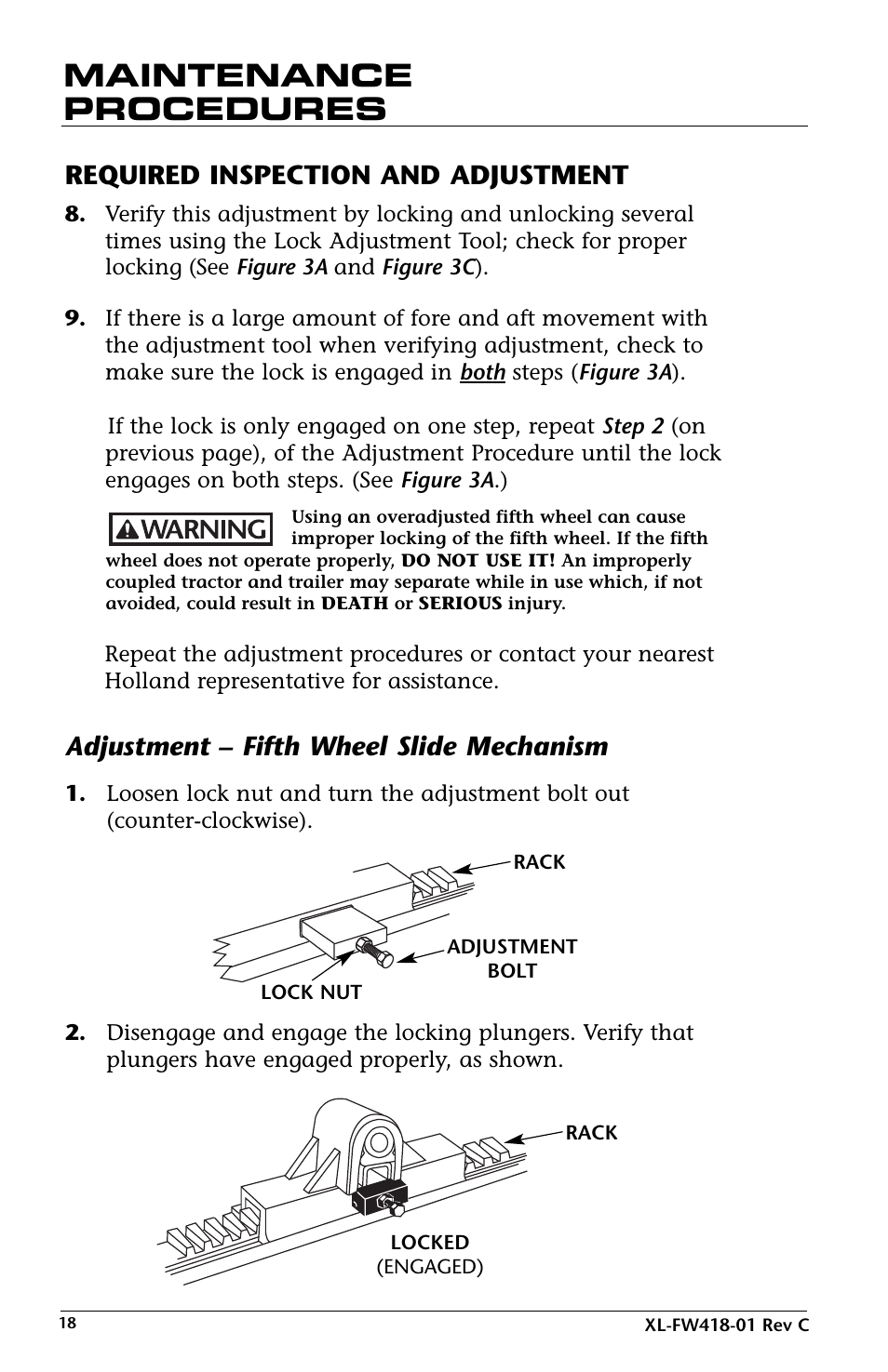 Maintenance procedures, Required inspection and adjustment, Adjustment – fifth wheel slide mechanism | SAF-HOLLAND XL-FW418-01 FW83 LowLube Fifth Wheel User Manual | Page 18 / 24