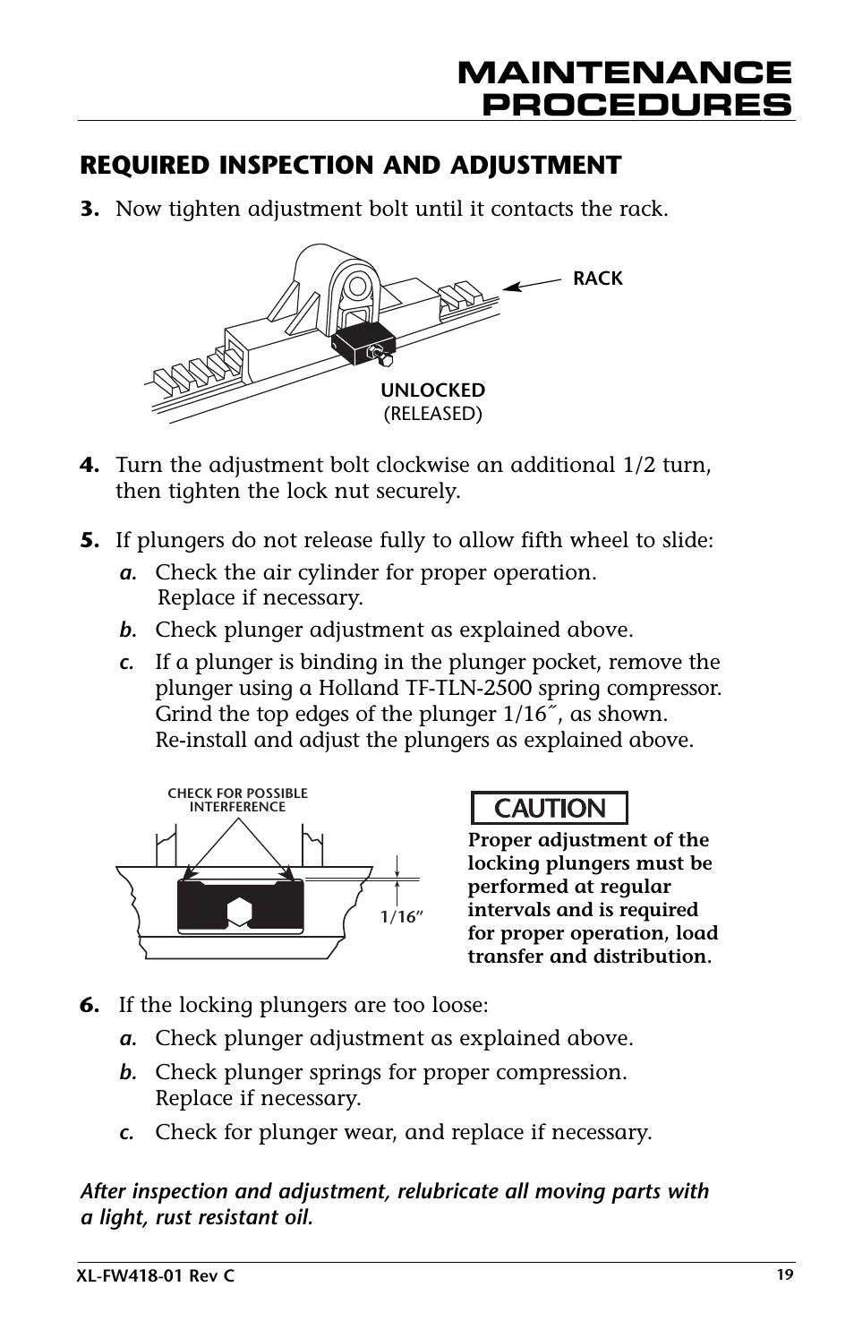 Maintenance procedures, Required inspection and adjustment | SAF-HOLLAND XL-FW418-01 FW83 LowLube Fifth Wheel User Manual | Page 19 / 24