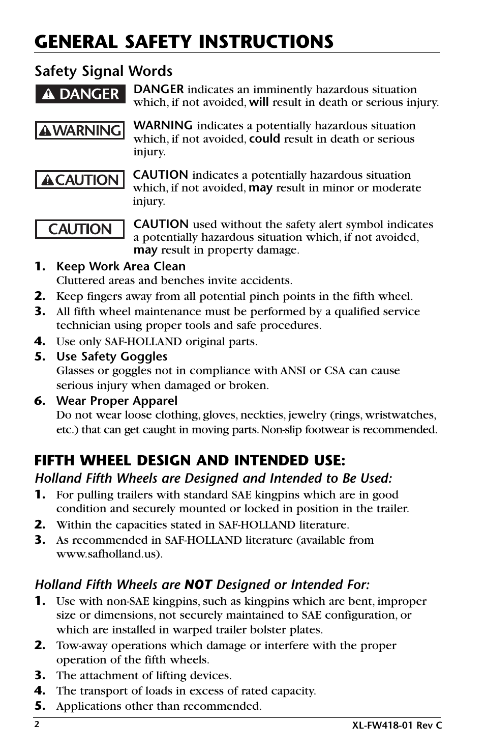 General safety instructions, Safety signal words, Fifth wheel design and intended use | SAF-HOLLAND XL-FW418-01 FW83 LowLube Fifth Wheel User Manual | Page 2 / 24