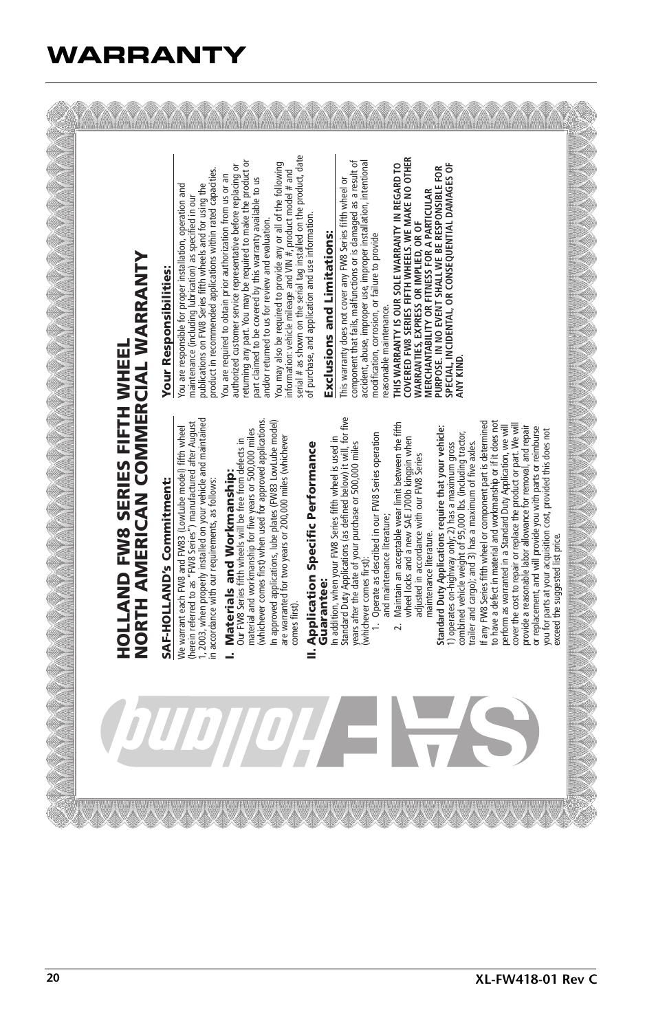 Warranty | SAF-HOLLAND XL-FW418-01 FW83 LowLube Fifth Wheel User Manual | Page 20 / 24