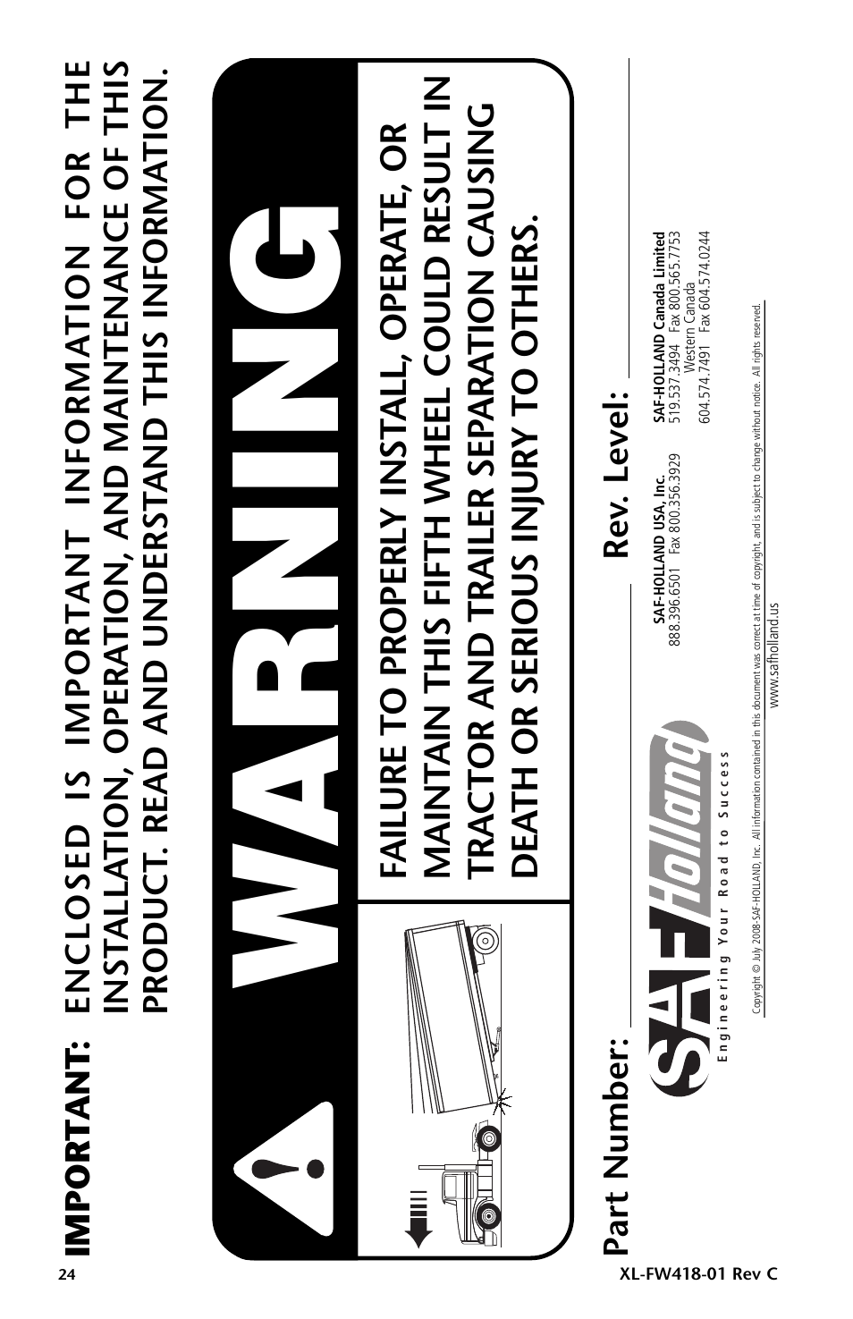 Warning | SAF-HOLLAND XL-FW418-01 FW83 LowLube Fifth Wheel User Manual | Page 24 / 24