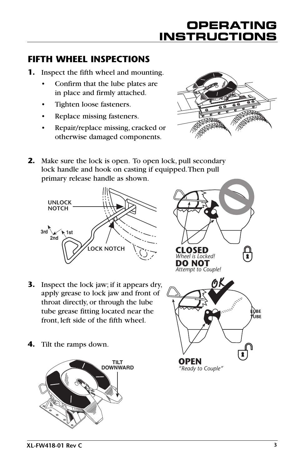 Operating instructions, Fifth wheel inspections, Open | Closed, Do not | SAF-HOLLAND XL-FW418-01 FW83 LowLube Fifth Wheel User Manual | Page 3 / 24