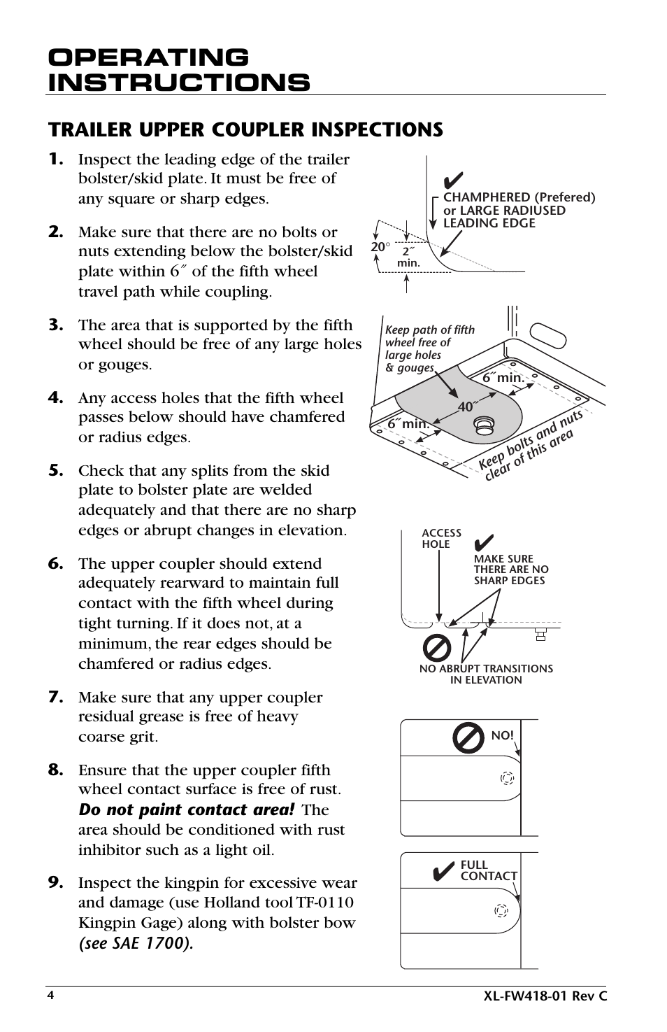 Operating instructions, Trailer upper coupler inspections | SAF-HOLLAND XL-FW418-01 FW83 LowLube Fifth Wheel User Manual | Page 4 / 24