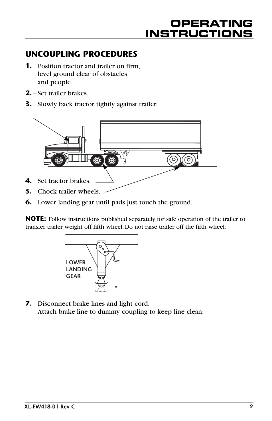 Operating instructions, Uncoupling procedures | SAF-HOLLAND XL-FW418-01 FW83 LowLube Fifth Wheel User Manual | Page 9 / 24