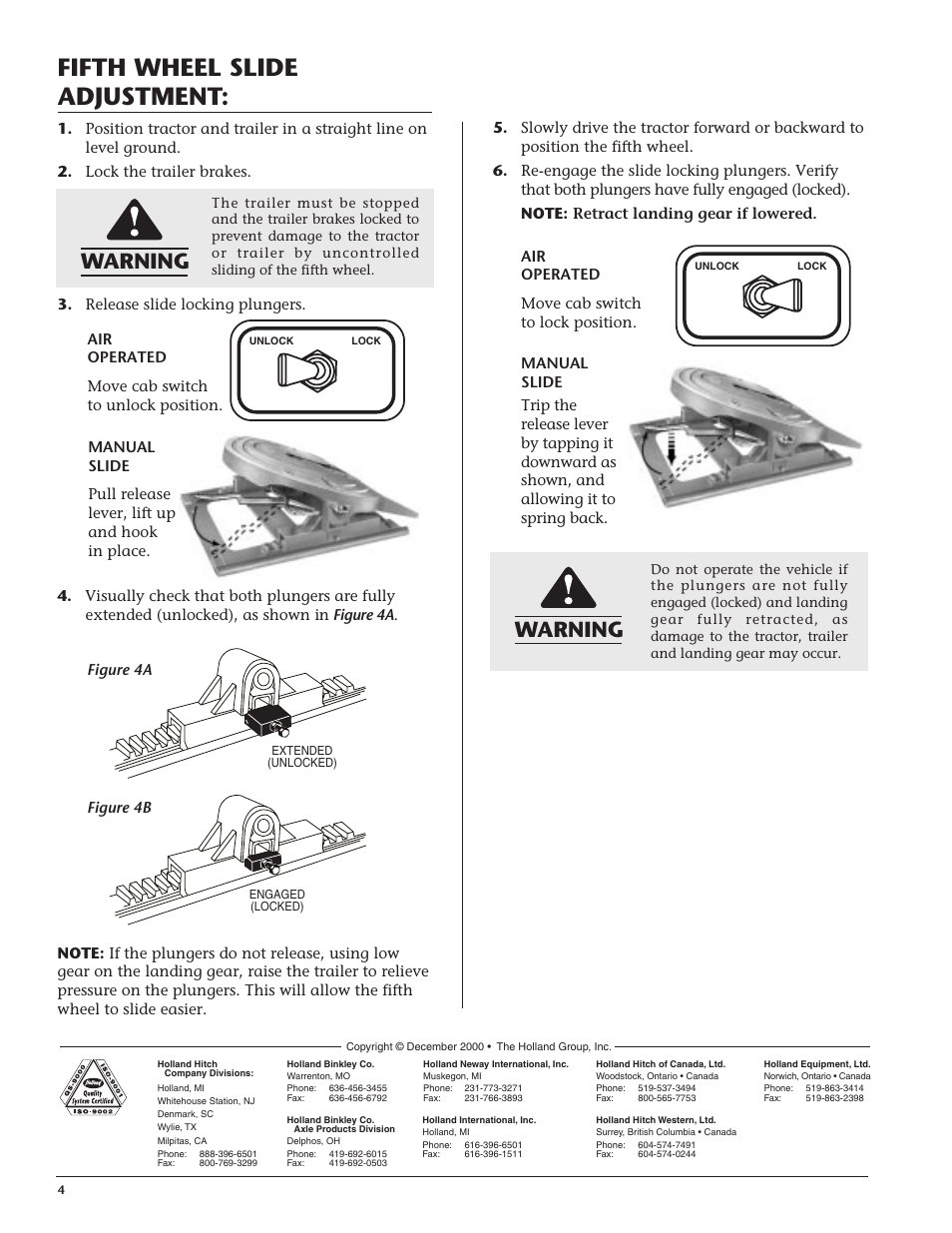 Fifth wheel slide adjustment, Warning | SAF-HOLLAND XL-FW353 FLEETMASTER CUPLING User Manual | Page 4 / 4