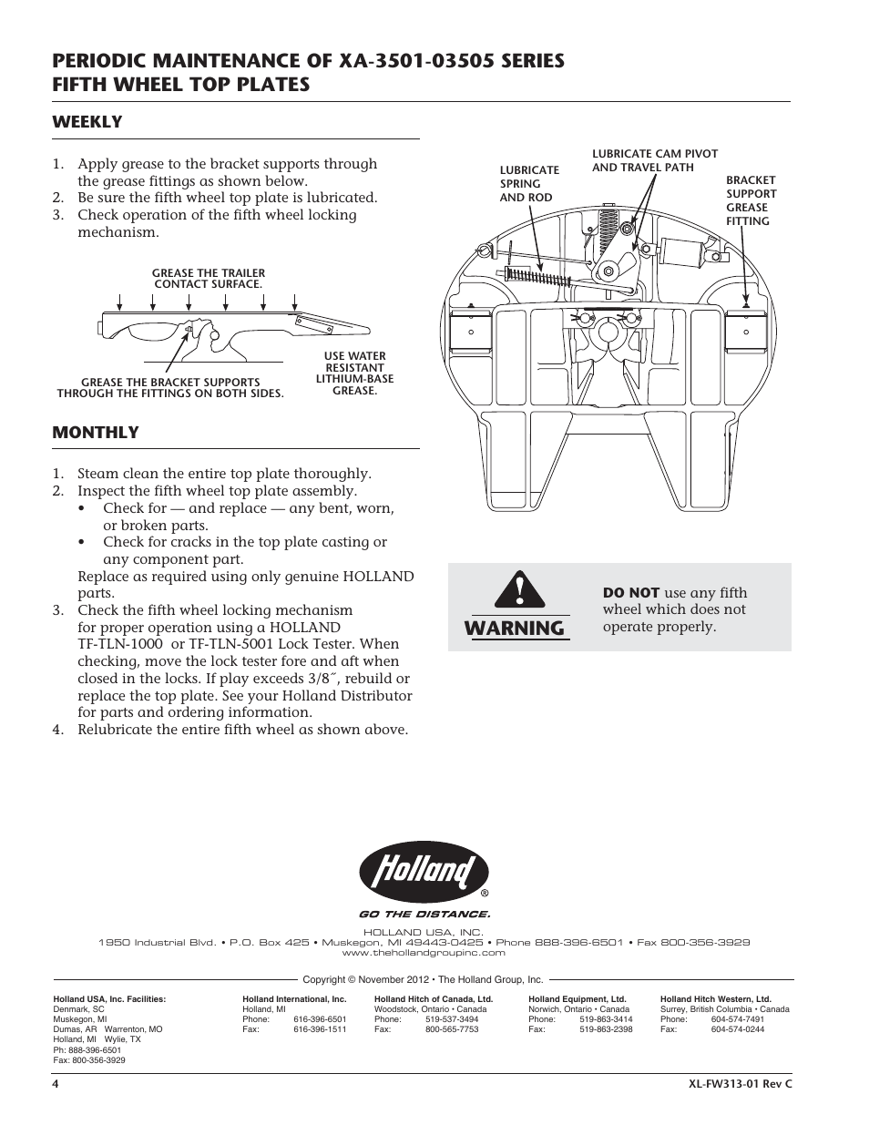 Warning, Weekly, Monthly | SAF-HOLLAND XL-FW313-01 XA-3501-03505 Series Yard Spotter Fifth Wheel Top Plates User Manual | Page 4 / 4