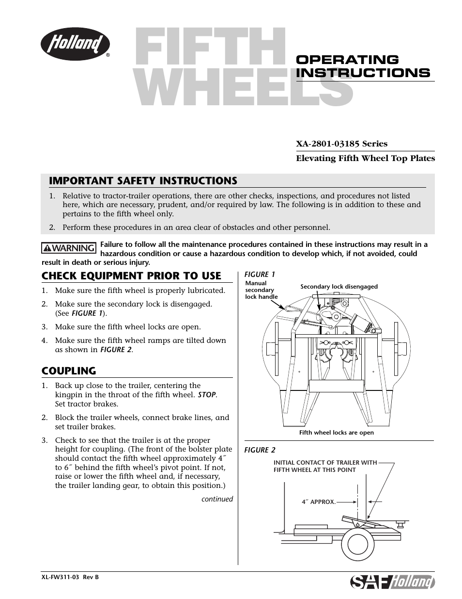 SAF-HOLLAND XL-FW311 XA-2801-03185 Series Elevating Fifth Wheel Top Plates User Manual | 4 pages