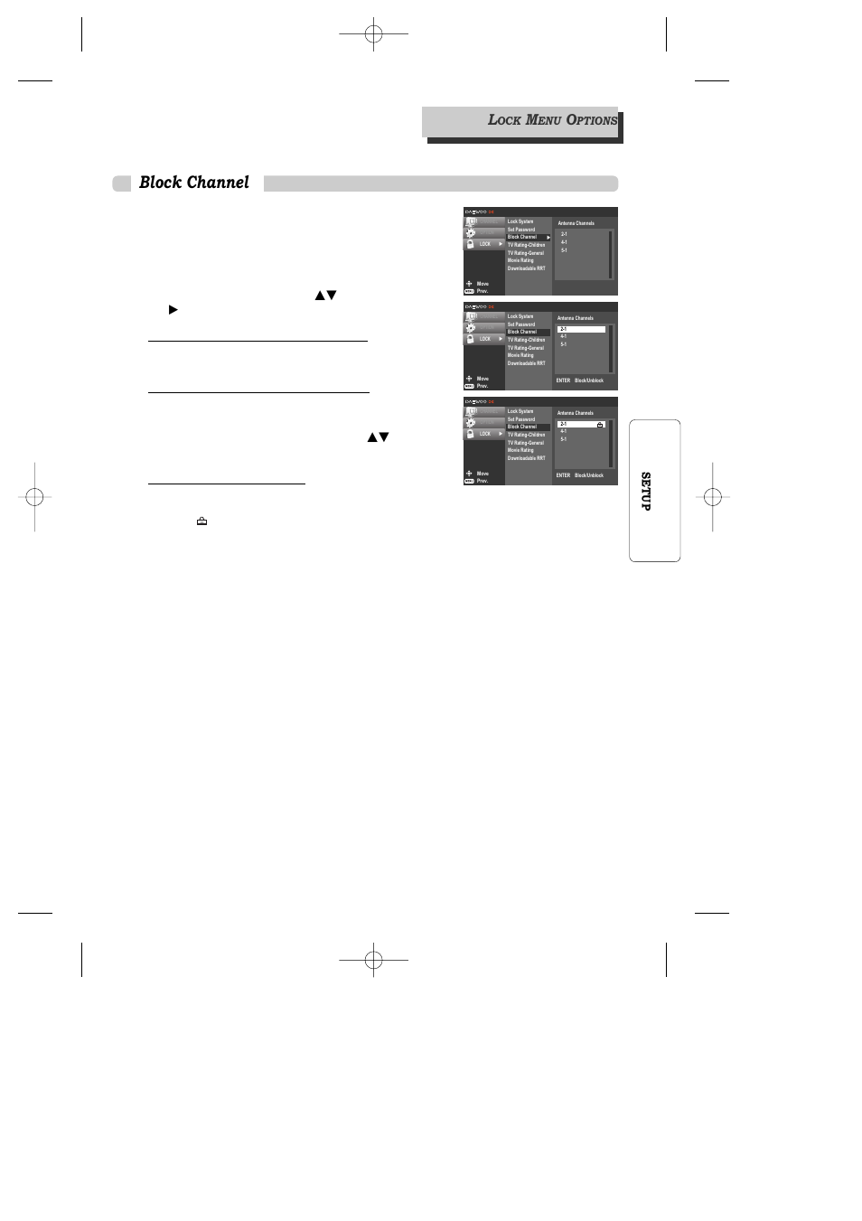 Block channel, If you have already entered a password, 3 select the block channel option using | 23 setup, The channel list menu appears, Ptions | Daewoo DAC-100 User Manual | Page 24 / 36