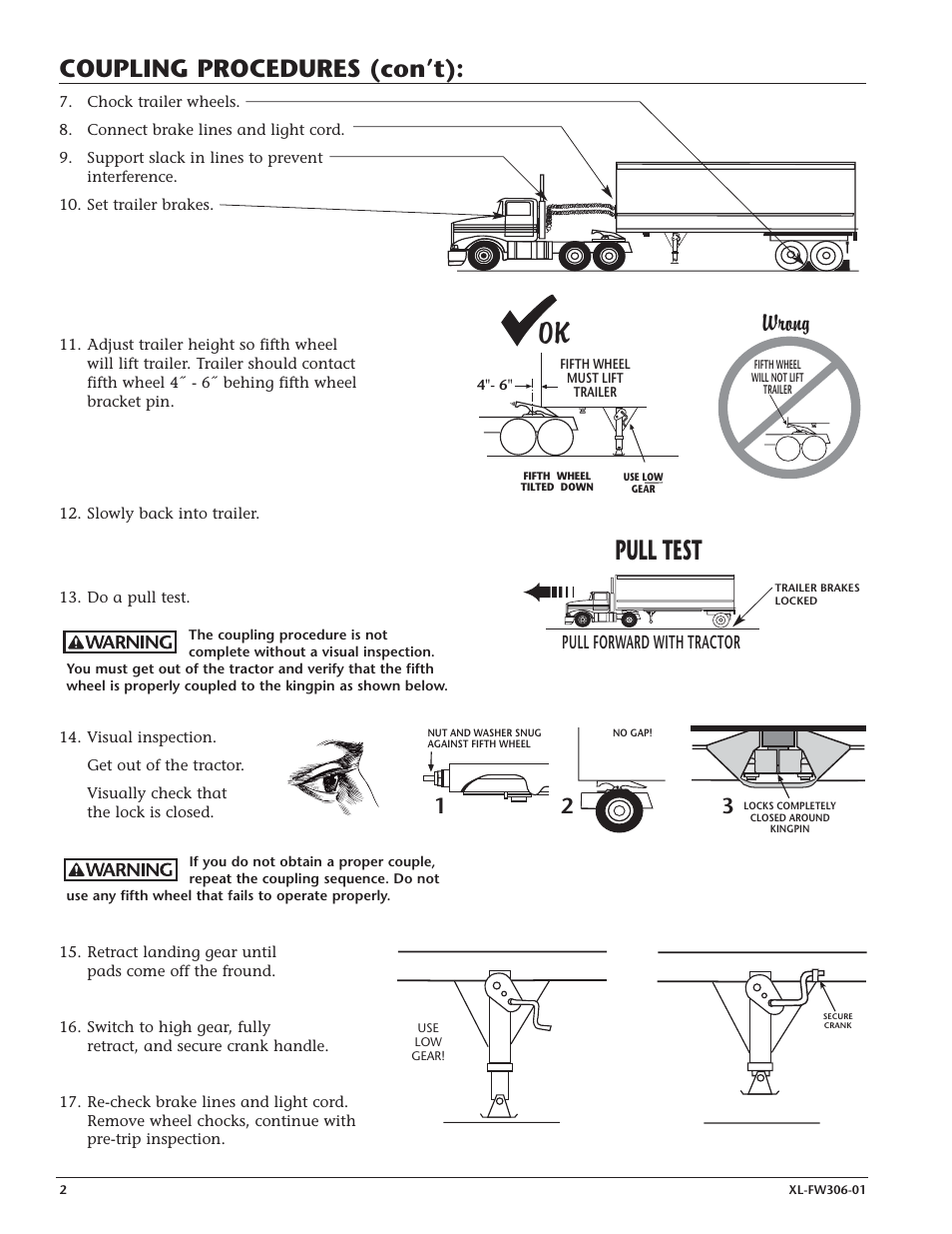 Pull test, Coupling procedures (con’t), Wrong | SAF-HOLLAND XL-FW306-01 3500 INCLUDES AIR RELEASE User Manual | Page 2 / 4