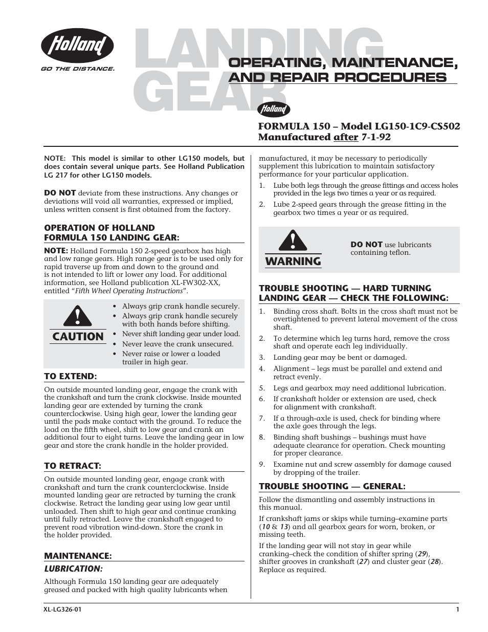 SAF-HOLLAND XL-LG326-01 FORMULA 150 – Model LG150-1C9-CS502 Manufactured after 7-1-92 User Manual | 8 pages