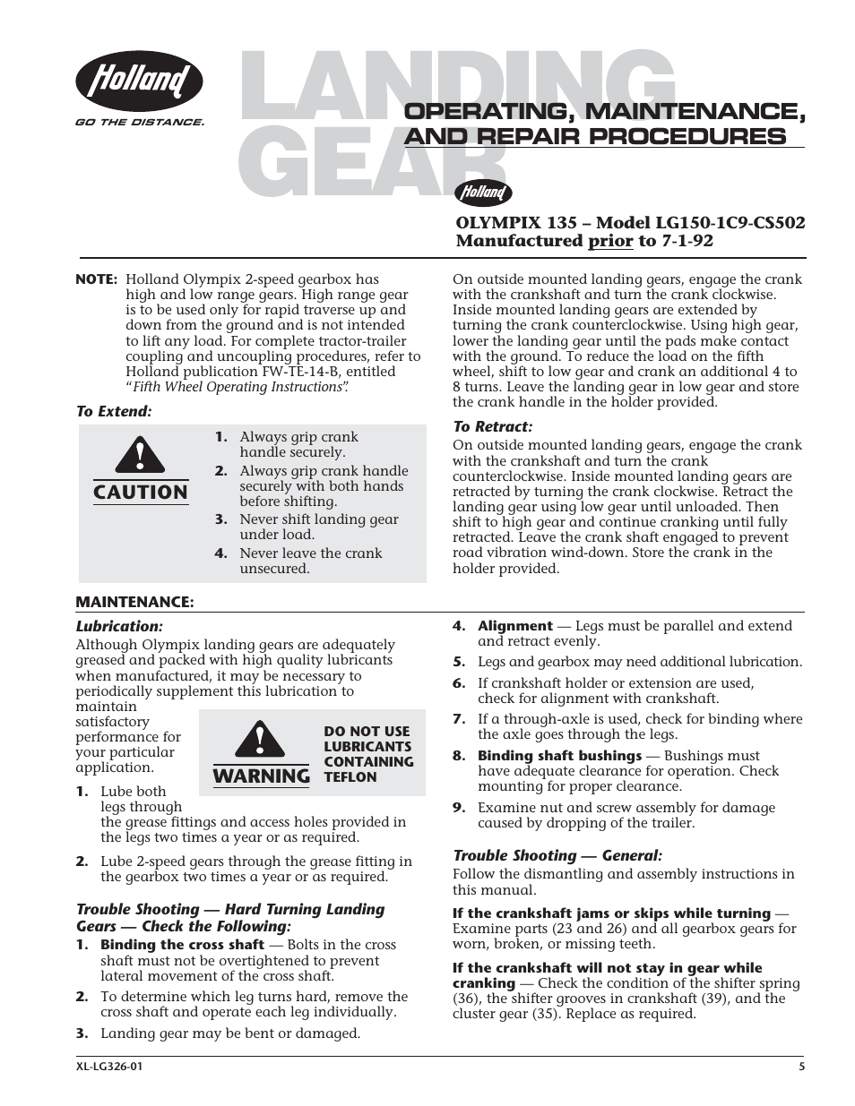 Landing gear, Operating, maintenance, and repair procedures | SAF-HOLLAND XL-LG326-01 FORMULA 150 – Model LG150-1C9-CS502 Manufactured after 7-1-92 User Manual | Page 5 / 8