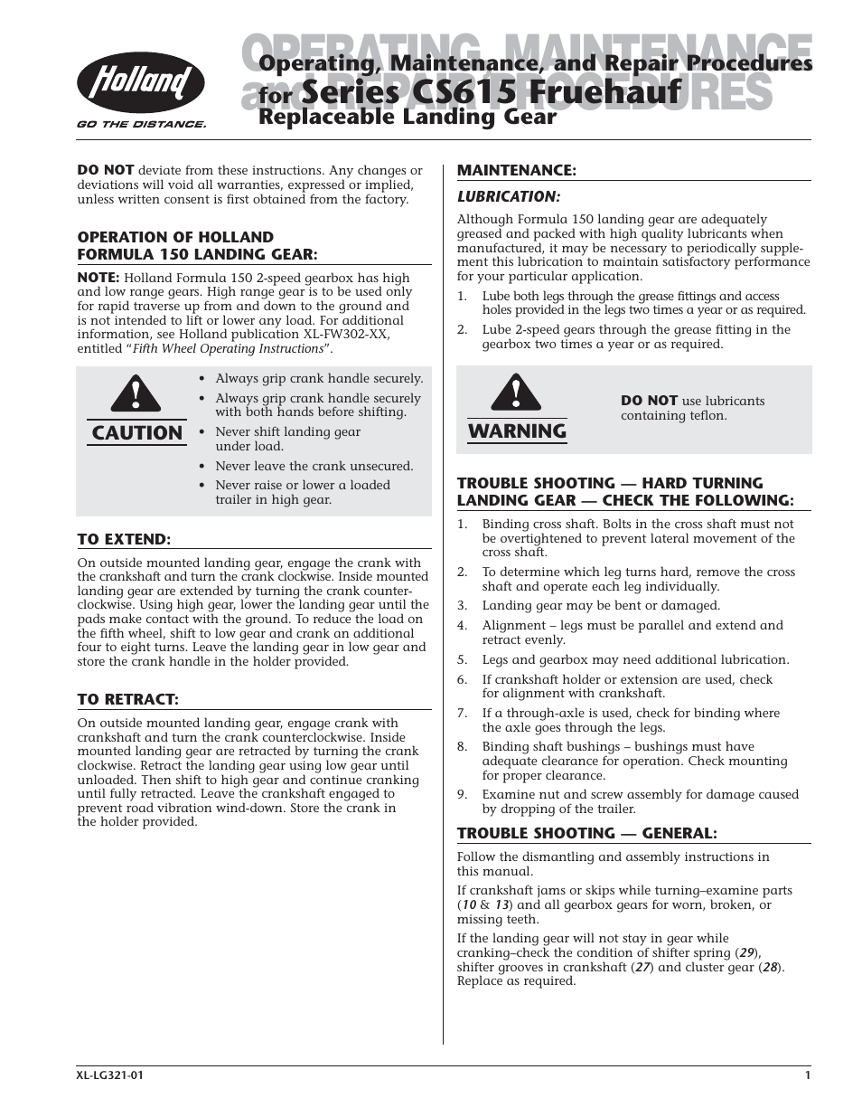 SAF-HOLLAND XL-LG321-01 Series CS615 Fruehauf Replaceable Landing Gear User Manual | 4 pages