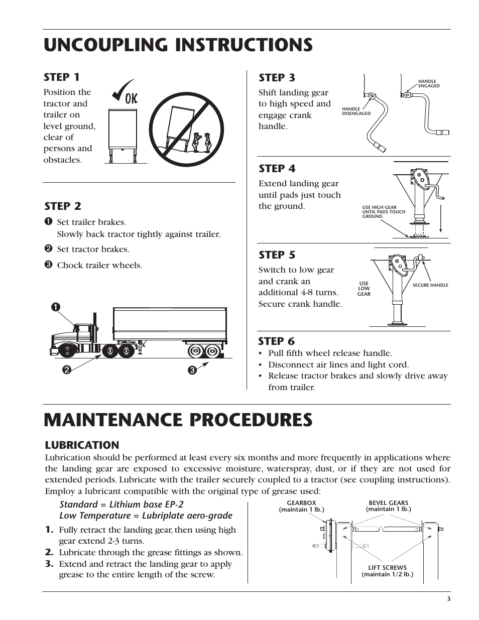 Uncoupling instructions, Maintenance procedures, Step 1 | Step 2, Step 3, Step 5, Step 4, Step 6, Lubrication | SAF-HOLLAND XL-LG305 Mark V Landing Gear User Manual | Page 3 / 4