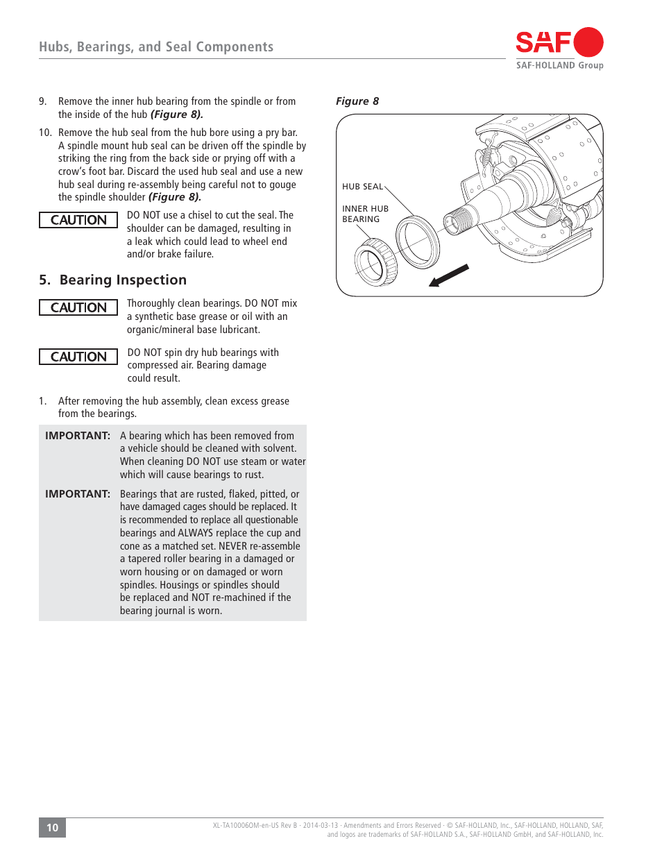 Hubs, bearings, and seal components, Bearing inspection | SAF-HOLLAND XL-TA10006OM Drum Brake Axles Tapered and Parallel Spindle Axles User Manual | Page 10 / 32