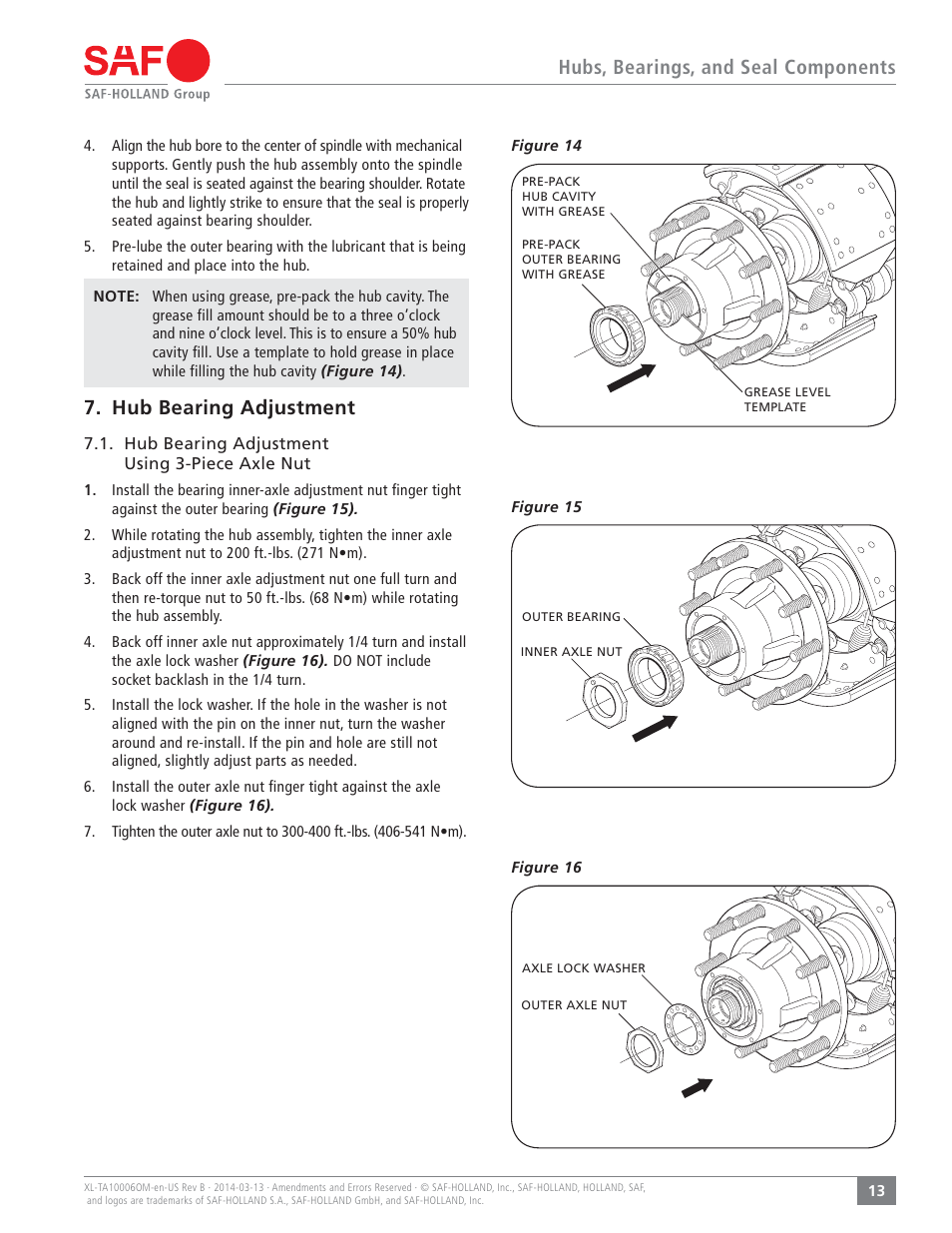 Hubs, bearings, and seal components, Hub bearing adjustment | SAF-HOLLAND XL-TA10006OM Drum Brake Axles Tapered and Parallel Spindle Axles User Manual | Page 13 / 32