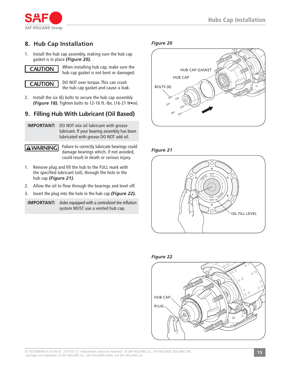 Hubs cap installation, Hub cap installation, Filling hub with lubricant (oil based) | SAF-HOLLAND XL-TA10006OM Drum Brake Axles Tapered and Parallel Spindle Axles User Manual | Page 15 / 32