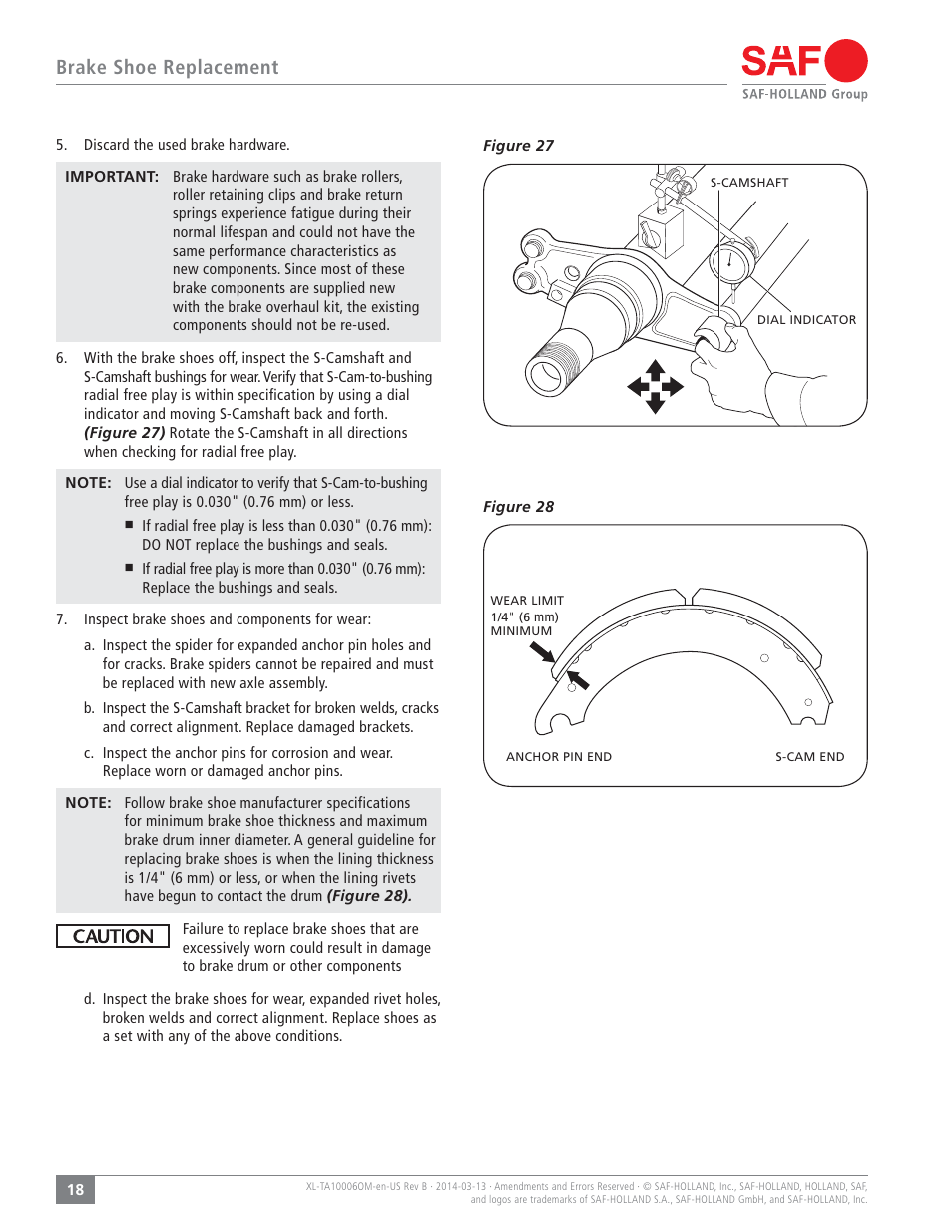 Brake shoe replacement | SAF-HOLLAND XL-TA10006OM Drum Brake Axles Tapered and Parallel Spindle Axles User Manual | Page 18 / 32