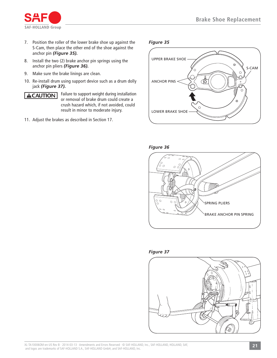 Brake shoe replacement | SAF-HOLLAND XL-TA10006OM Drum Brake Axles Tapered and Parallel Spindle Axles User Manual | Page 21 / 32