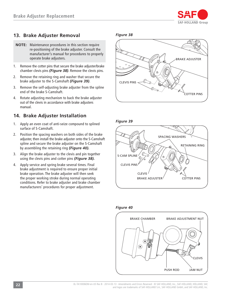 Brake adjuster replacement, Brake adjuster removal, Brake adjuster installation | SAF-HOLLAND XL-TA10006OM Drum Brake Axles Tapered and Parallel Spindle Axles User Manual | Page 22 / 32