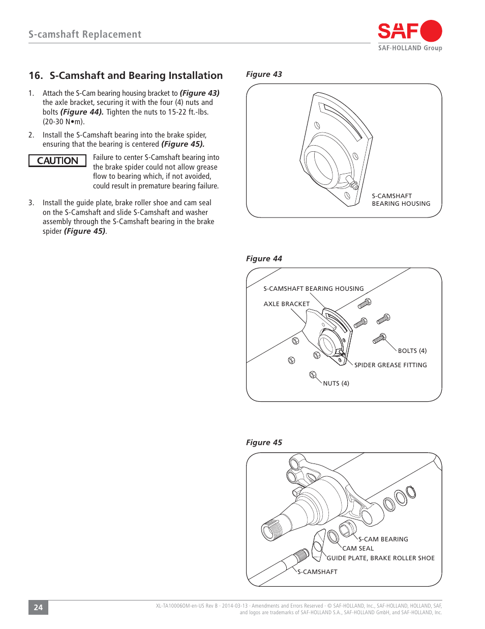S-camshaft replacement, S-camshaft and bearing installation | SAF-HOLLAND XL-TA10006OM Drum Brake Axles Tapered and Parallel Spindle Axles User Manual | Page 24 / 32
