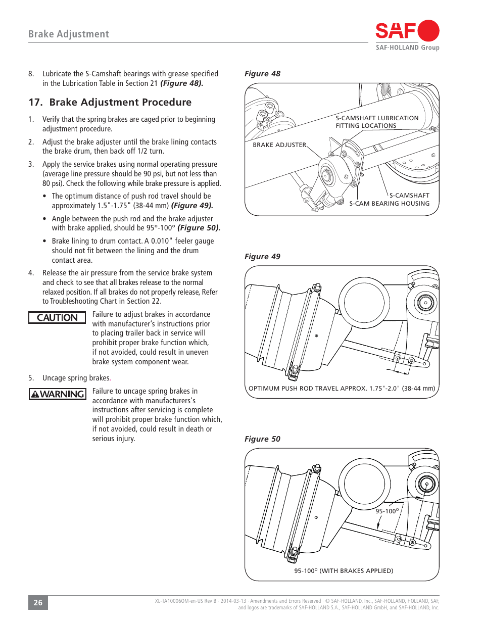 Brake adjustment, Brake adjustment procedure | SAF-HOLLAND XL-TA10006OM Drum Brake Axles Tapered and Parallel Spindle Axles User Manual | Page 26 / 32