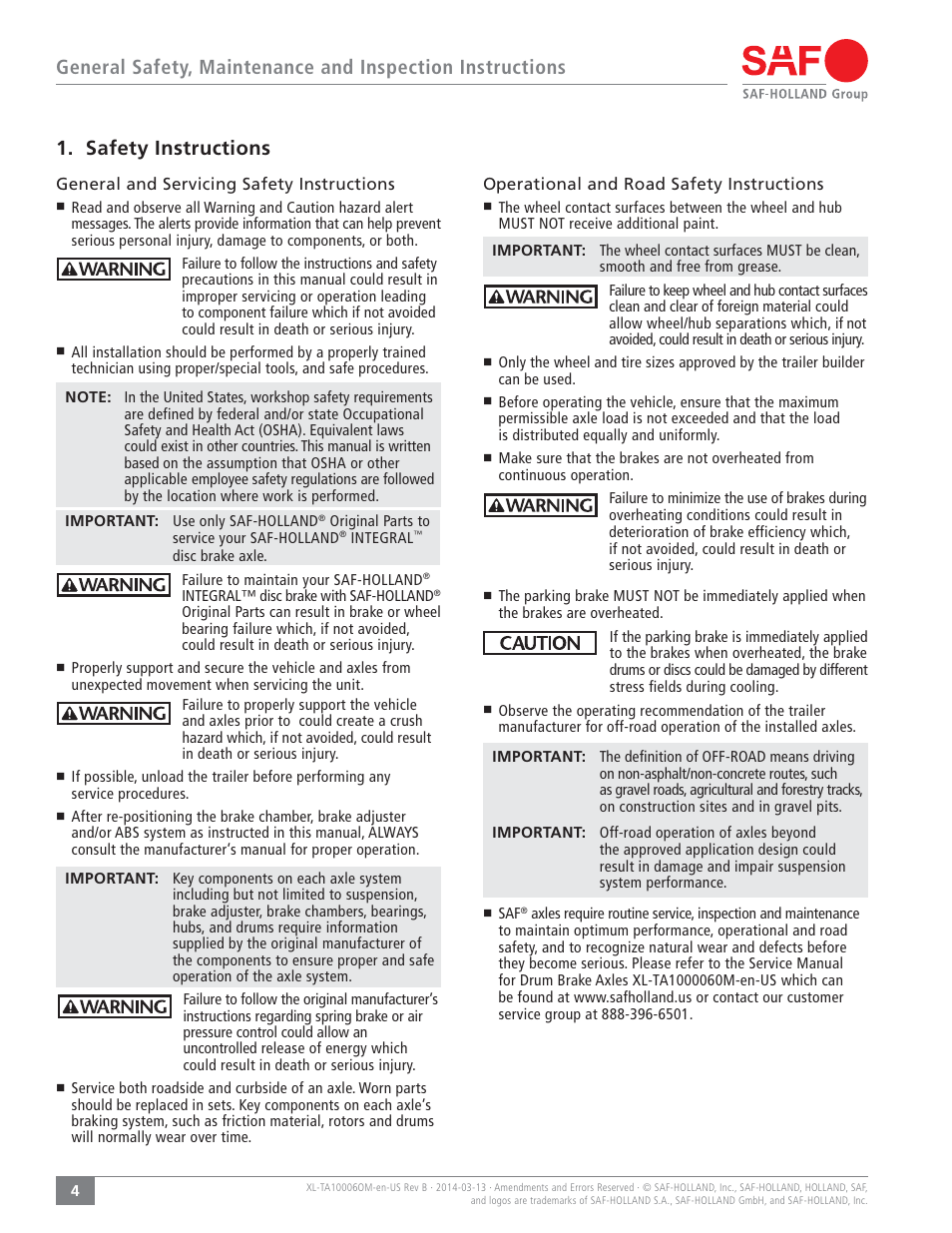 Safety instructions | SAF-HOLLAND XL-TA10006OM Drum Brake Axles Tapered and Parallel Spindle Axles User Manual | Page 4 / 32