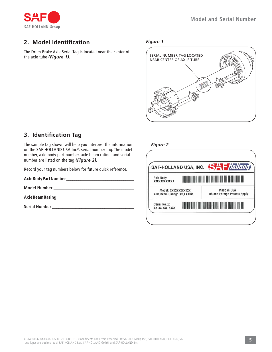Model identiﬁcation, Identiﬁcation tag, Model and serial number | SAF-HOLLAND XL-TA10006OM Drum Brake Axles Tapered and Parallel Spindle Axles User Manual | Page 5 / 32