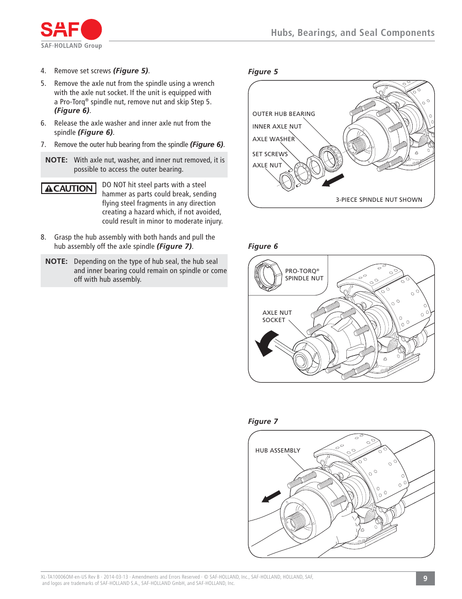 Hubs, bearings, and seal components | SAF-HOLLAND XL-TA10006OM Drum Brake Axles Tapered and Parallel Spindle Axles User Manual | Page 9 / 32