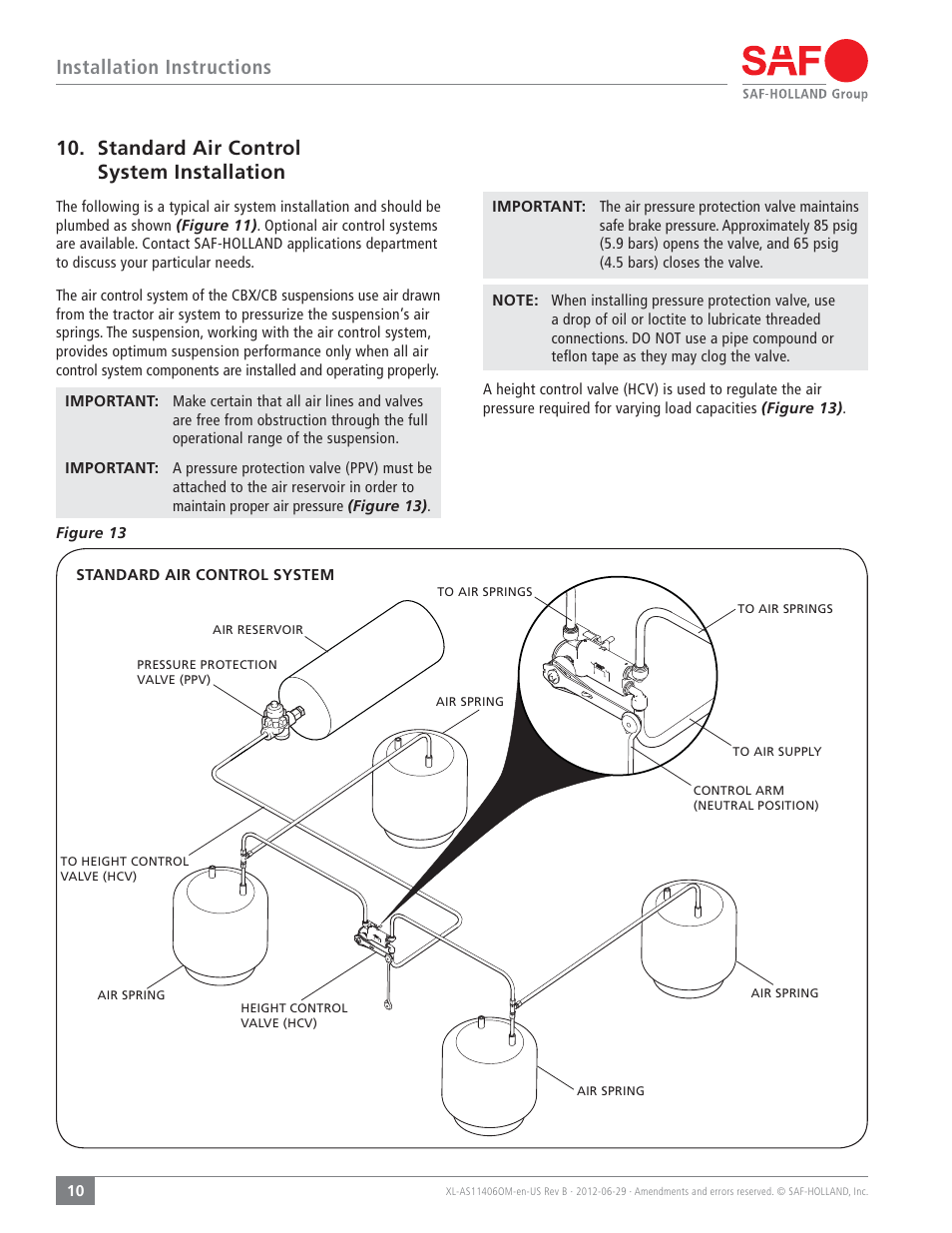 Installation instructions, Standard air control system installation | SAF-HOLLAND XL-AS11406OM CBX/CB Series Fixed Frame Top Mount Trailer Air Suspension User Manual | Page 10 / 20