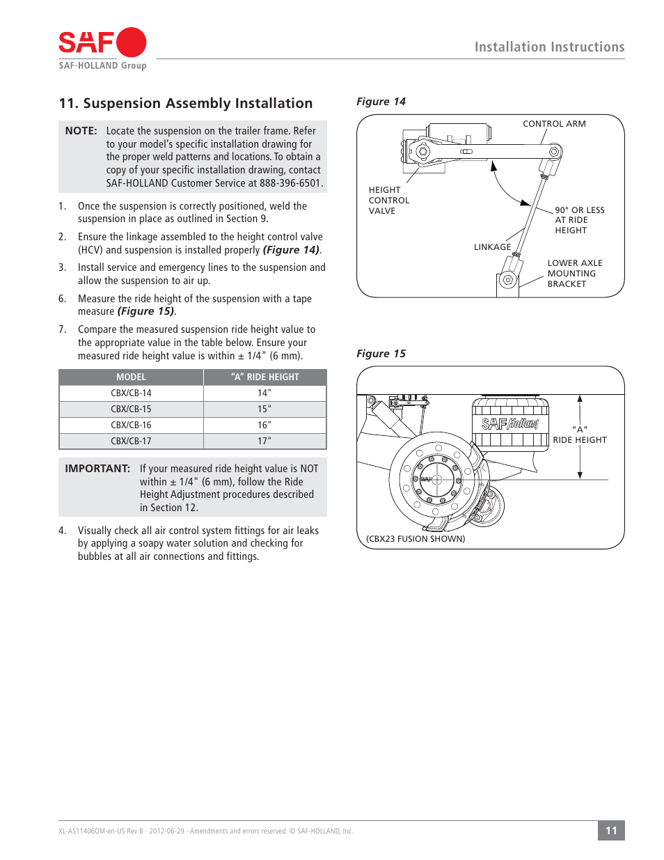 Installation instructions, Suspension assembly installation | SAF-HOLLAND XL-AS11406OM CBX/CB Series Fixed Frame Top Mount Trailer Air Suspension User Manual | Page 11 / 20