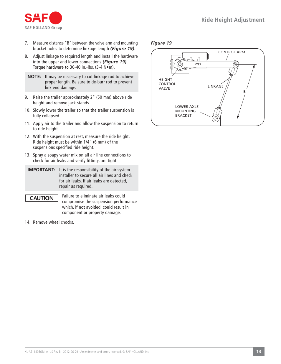 Ride height adjustment | SAF-HOLLAND XL-AS11406OM CBX/CB Series Fixed Frame Top Mount Trailer Air Suspension User Manual | Page 13 / 20
