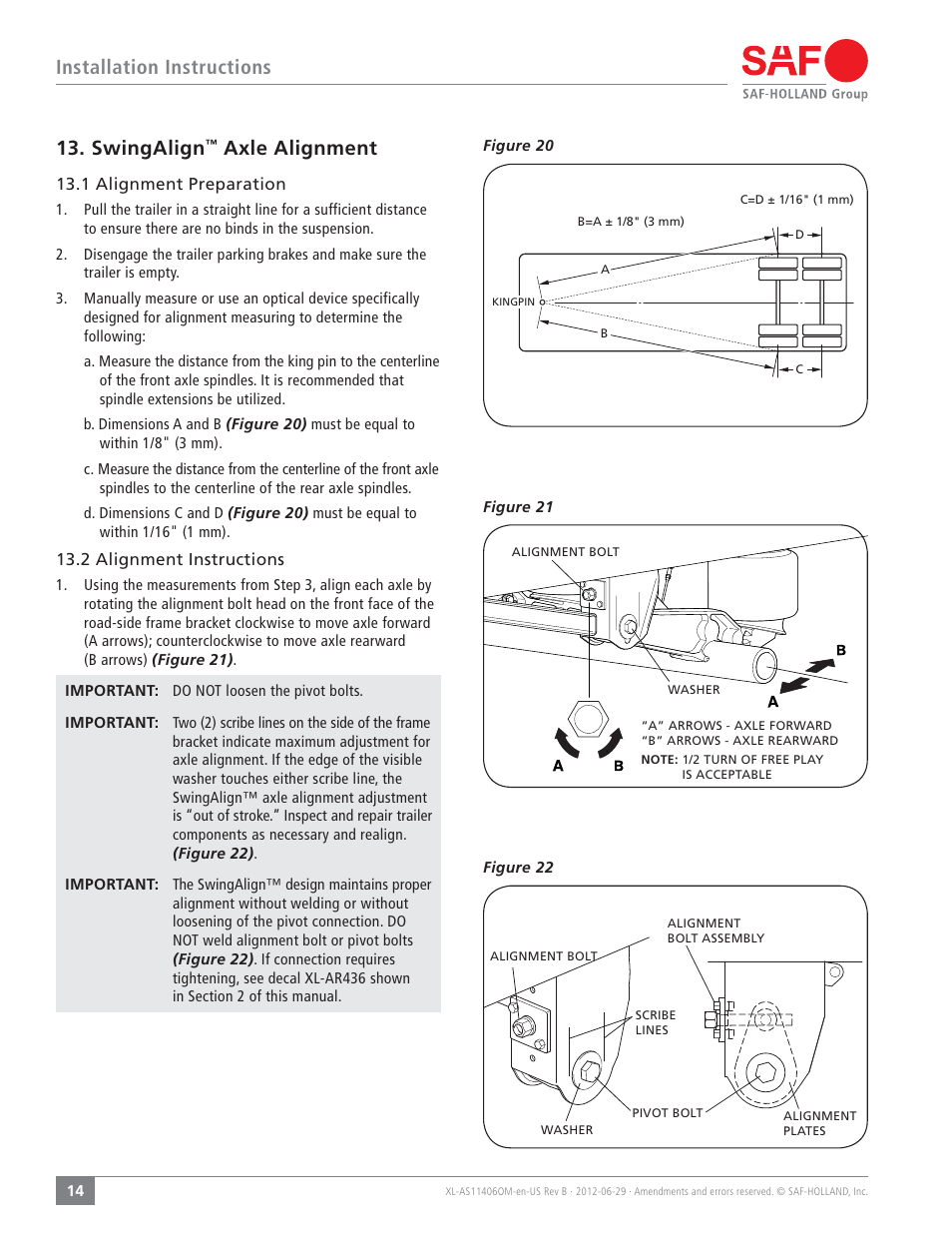 Installation instructions 13. swingalign, Axle alignment | SAF-HOLLAND XL-AS11406OM CBX/CB Series Fixed Frame Top Mount Trailer Air Suspension User Manual | Page 14 / 20