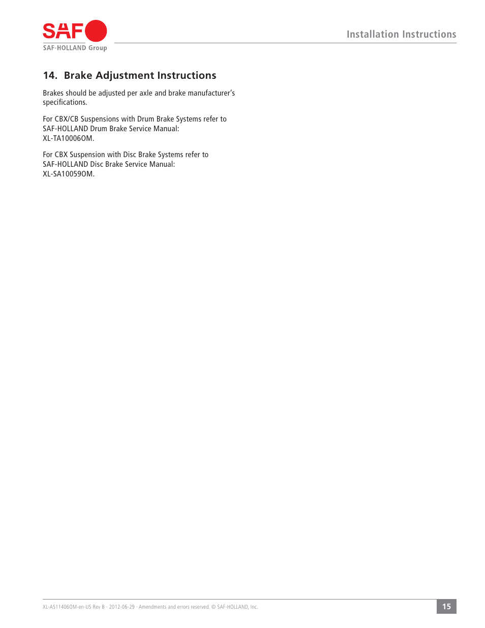 SAF-HOLLAND XL-AS11406OM CBX/CB Series Fixed Frame Top Mount Trailer Air Suspension User Manual | Page 15 / 20