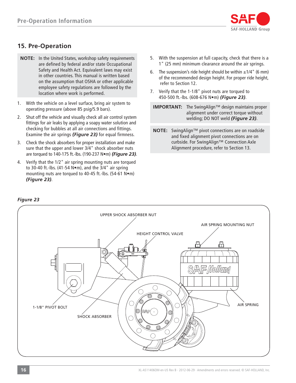 Pre-operation information, Pre-operation | SAF-HOLLAND XL-AS11406OM CBX/CB Series Fixed Frame Top Mount Trailer Air Suspension User Manual | Page 16 / 20