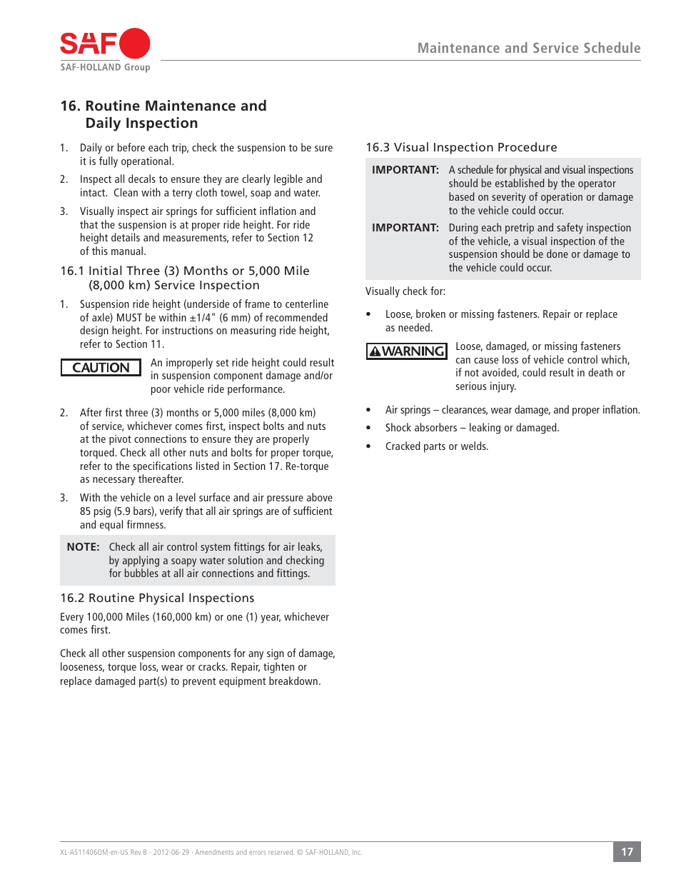 SAF-HOLLAND XL-AS11406OM CBX/CB Series Fixed Frame Top Mount Trailer Air Suspension User Manual | Page 17 / 20