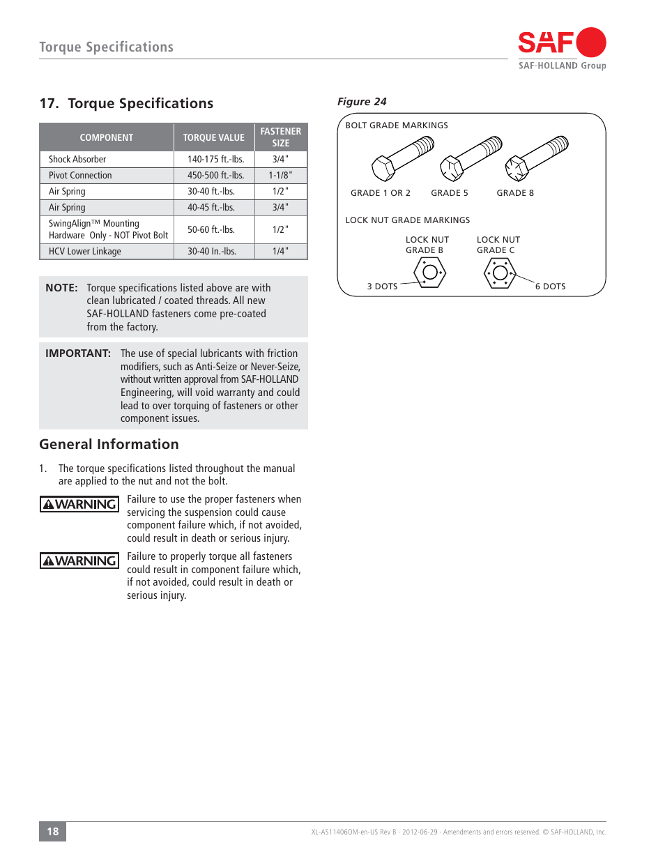Torque specifications, Torque speciﬁcations, General information | SAF-HOLLAND XL-AS11406OM CBX/CB Series Fixed Frame Top Mount Trailer Air Suspension User Manual | Page 18 / 20