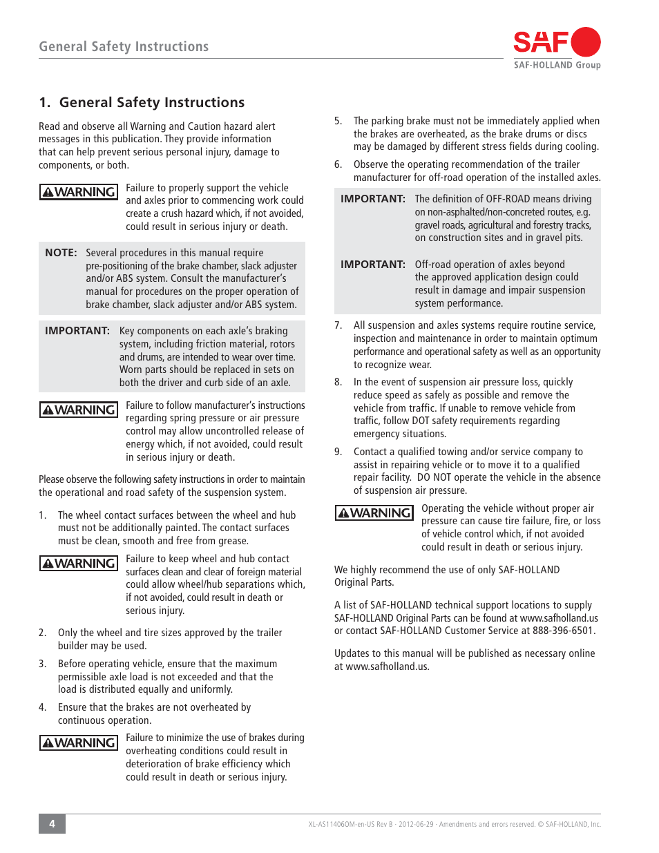 General safety instructions | SAF-HOLLAND XL-AS11406OM CBX/CB Series Fixed Frame Top Mount Trailer Air Suspension User Manual | Page 4 / 20