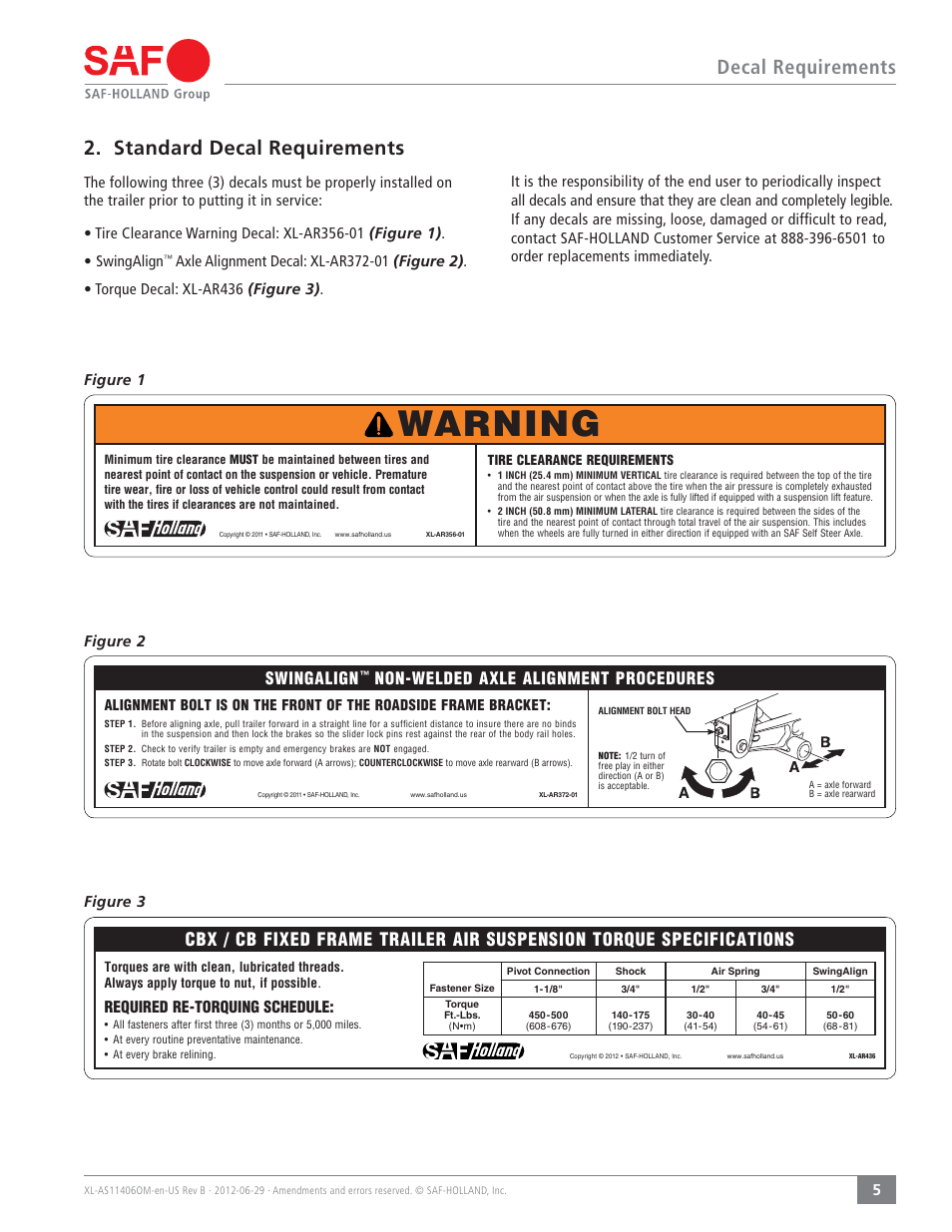 Warning, Decal requirements 2. standard decal requirements, Swingalign | Non-welded axle alignment procedures, Figure 2 figure 3, Required re-torquing schedule | SAF-HOLLAND XL-AS11406OM CBX/CB Series Fixed Frame Top Mount Trailer Air Suspension User Manual | Page 5 / 20