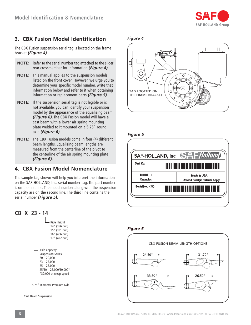 Cb x 23 - 14, Model identification & nomenclature, Cbx fusion model identiﬁcation | Cbx fusion model nomenclature | SAF-HOLLAND XL-AS11406OM CBX/CB Series Fixed Frame Top Mount Trailer Air Suspension User Manual | Page 6 / 20