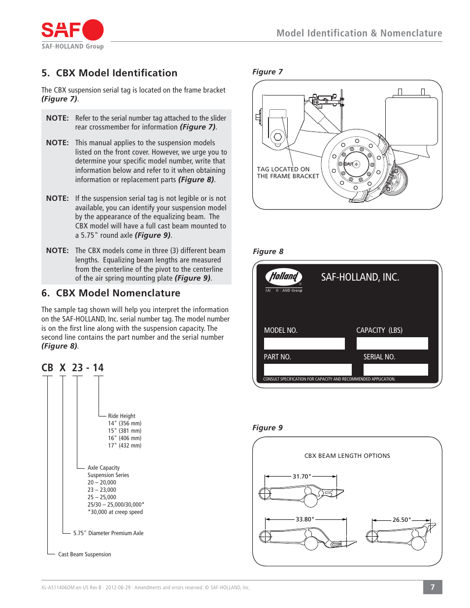 Cb x 23 - 14, Saf-holland, inc, Cbx model nomenclature | SAF-HOLLAND XL-AS11406OM CBX/CB Series Fixed Frame Top Mount Trailer Air Suspension User Manual | Page 7 / 20