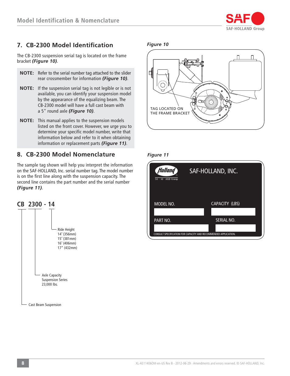 Cb-2300 model nomenclature | SAF-HOLLAND XL-AS11406OM CBX/CB Series Fixed Frame Top Mount Trailer Air Suspension User Manual | Page 8 / 20