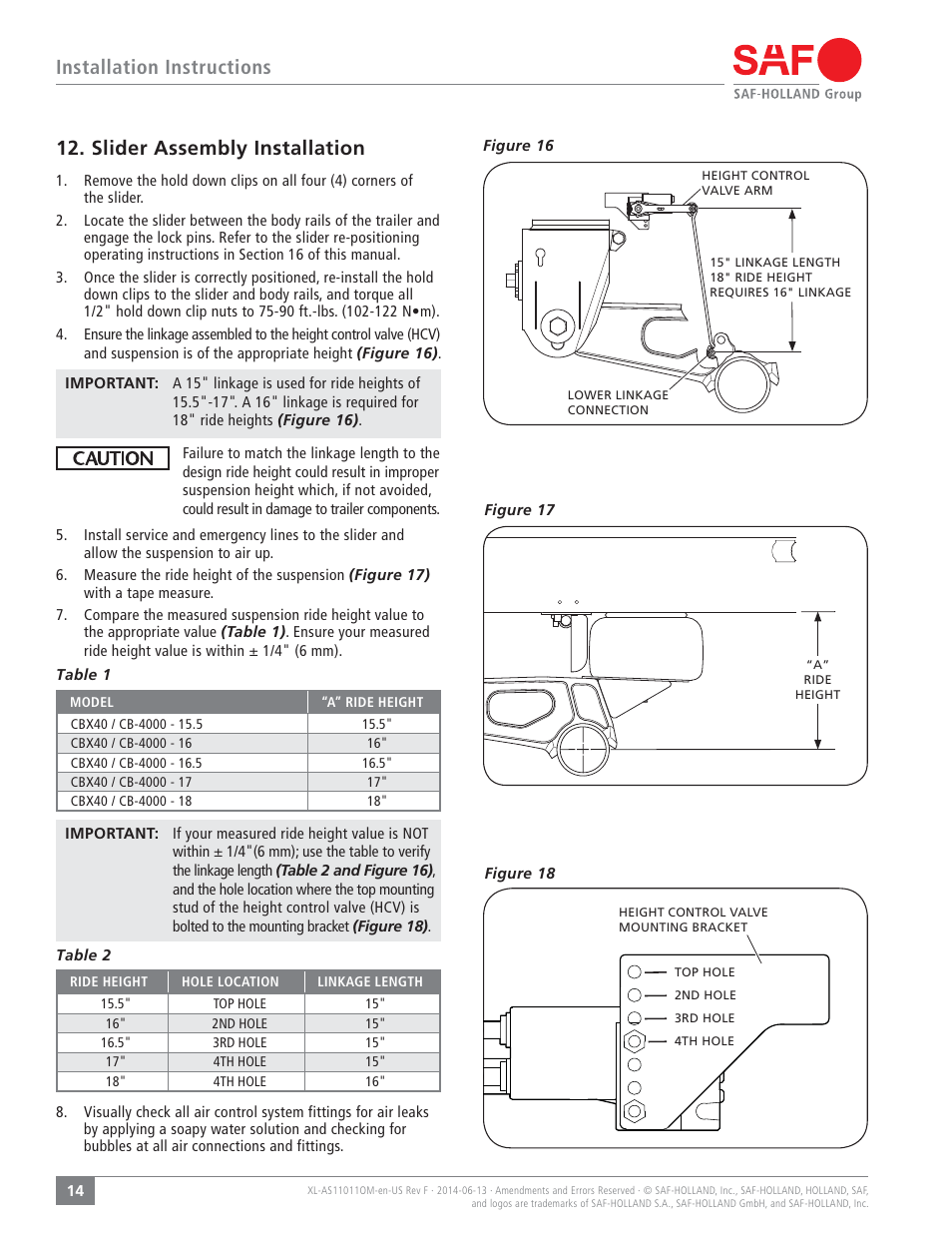 Installation instructions, Slider assembly installation | SAF-HOLLAND XL-AS11011OM CBX40/CB-4000 Slider Suspension Systems User Manual | Page 14 / 24