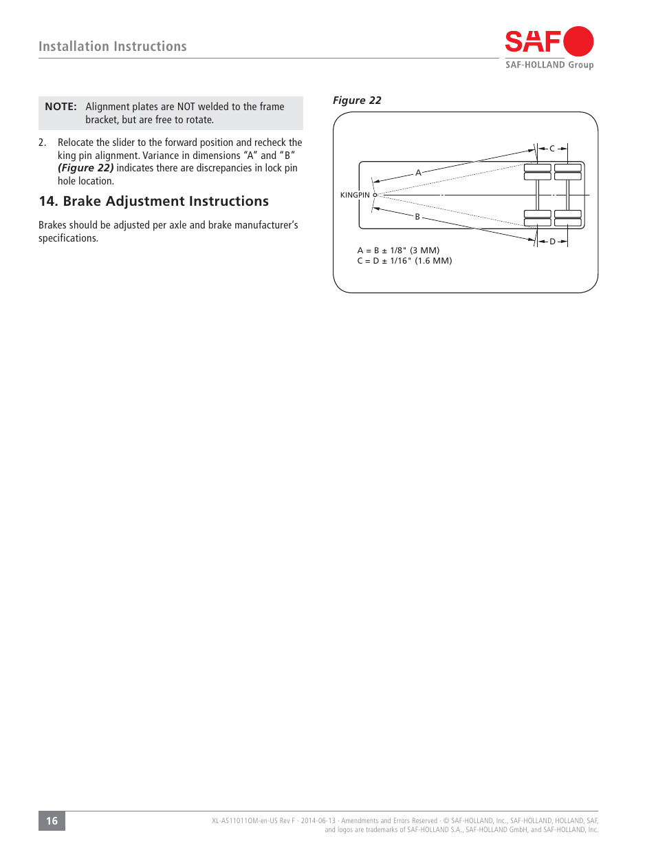 Installation instructions, Brake adjustment instructions | SAF-HOLLAND XL-AS11011OM CBX40/CB-4000 Slider Suspension Systems User Manual | Page 16 / 24