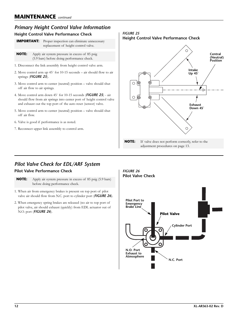 Primary height control valve, Pilot valve check for edl/ar, Maintenance | Primary height control valve information, Pilot valve check for edl/arf system | SAF-HOLLAND XL-AR363-02 EDL/ARF Feature User Manual | Page 12 / 16