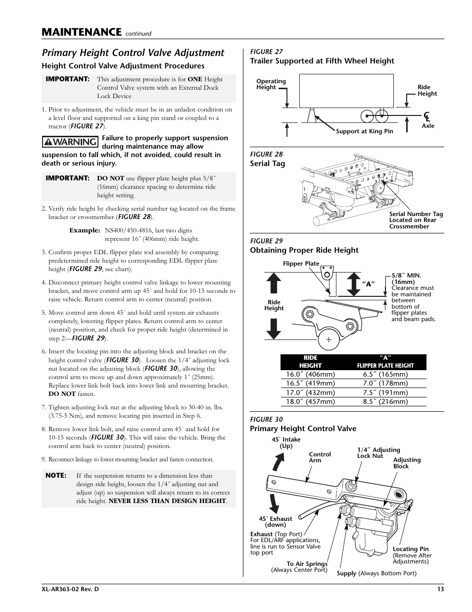Primary height control valve, Primary height control valve adjustment, Maintenance | SAF-HOLLAND XL-AR363-02 EDL/ARF Feature User Manual | Page 13 / 16