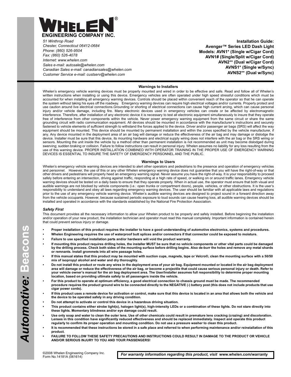 Whelen AVN1A User Manual | 2 pages